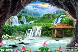 Tranh phong cảnh ngôi nhà rơm bên thác
