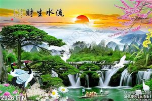Tranh phong thủy mặt trời lặn trên thác nước