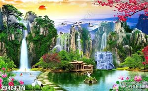 Tranh thác nước đẹp và hoa đào