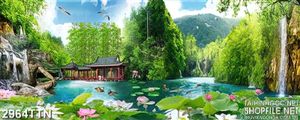 Tranh ngôi nhà bên hồ sen in uv