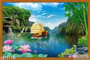 Tranh cảnh thuyền bên hồ sen