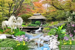 Tranh ngựa trắng dạo chơi trong vườn hoa