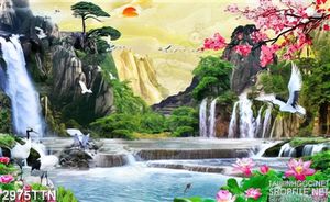 Tranh phong thủy đẹp thác nước chiều thu