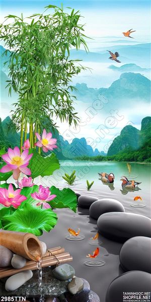 Tranh khổ dọc phong thủy hồ và hoa sen