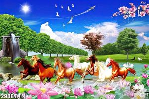 Tranh bát mã chạy đua bên hồ sen