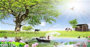 Tranh thiên nhiên ngôi nhà bên hồ nước