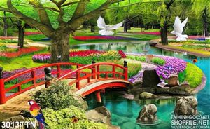 Tranh thiên nhiên cây cầu đỏ bên hồ