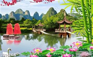 Tranh psd thiên nhiên phong thủy thuyền buồm đỏ