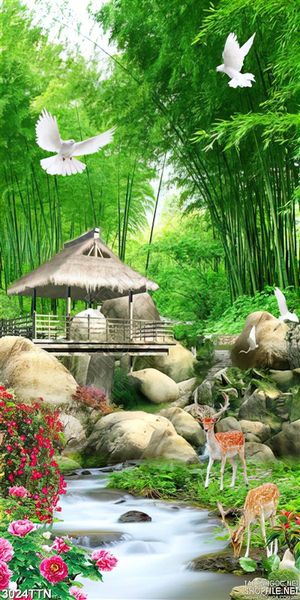 Tranh khổ dọcngôi nhà rơm bên suối