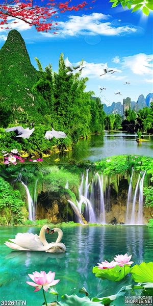 Tranh khổ dọc thác nước psd
