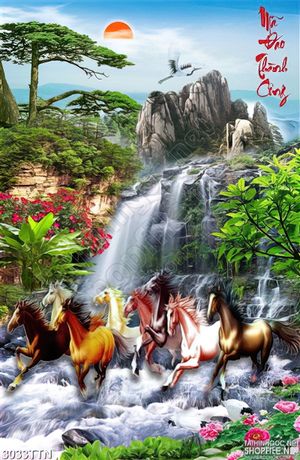 Tranh khổ dọc ngựa chạy bên suối