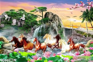 Tranh bát mã bên hồ sen