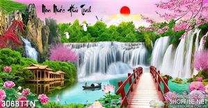 Tranh cây cầu đỏ mùa xuân psd