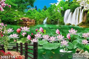 Tranh hồ sen bên thác in uv