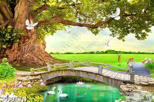 Tranh cây cầu gỗ bên thảo nguyên