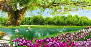 Tranh vườn hoa tulip đẹp bên hồ