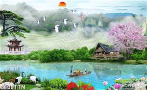 Tranh phong thủy cây đào và ngôi nhà bên hồ