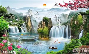 Tranh phong thủy thác nước in tường