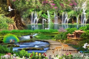 Tranh khổ ngang thác nước trong rừng