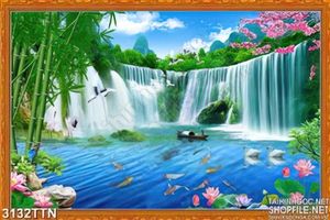 Tranh thác nước đẹp bên hồ sen in uv