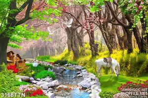 Tranh phong cảnh con suối xanh nhỏ in uv