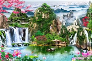 Tranh phong thủy thác núi psd
