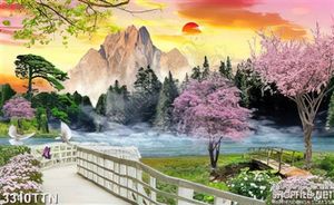Tranh thiên nhiên hoa đào nở