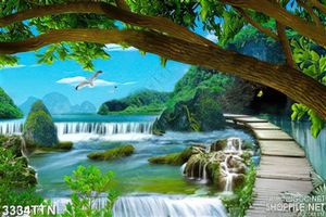 Tranh cây cầu gỗ trong rừng in uv