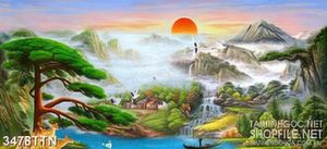 Tranh phong thủy thác nước những ngọn núi phủ đầy mây in canvas