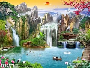 Tranhthiên nhiên giao hòa dán tường mặt nước xanh bên thác đổ