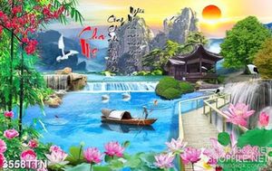 Tranh sơn thủy hữu tình trang trí cây cầu gỗ và thuyền trên sông
