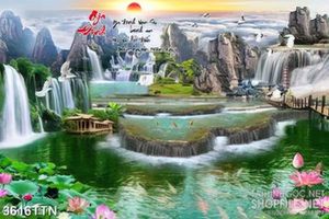 Tranh phong thủy thác nước in 3d đàn cò trắng bay trên ngọn núi