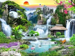 Tranh phong cảnh thác nước in 3d những con thác chảy bên ngôi nhà