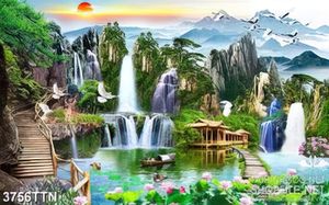 Tranh phong thủy thác nước trang trí người lái thuyền thả lưới trên sông