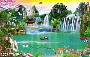 Tranh thiên nhiên giao hòa in 3d chú hươu con bên thác nước đổ