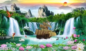 Tranh thiên nhiên giao hòa in 3d con tàu lớn trên dòng sông