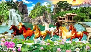 Tranh sơn thủy hữu tình nghệ thuật khe suối nhỏ và đàn ngựa