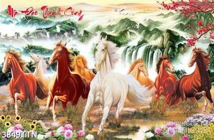 Tranh phong cảnh thác nước dán tường con thác đổ bên đàn ngựa