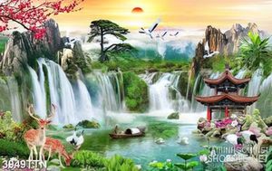 Tranh thiên nhiên giao hòa in 3d những con thác nhỏ bên ngôi miếu
