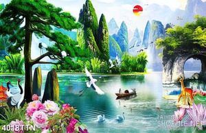 Tranh thiên nhiên giao hòa hoa mẫu đơn phủ đầy trên hồ in canvas