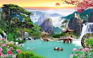 Tranh thiên nhiên giao hòa 3d đàn cò trắng bay trên dòng sông