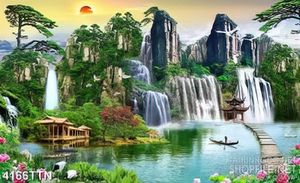 Tranh sơn thủy hữu tình cây cầu gỗ và ngôi miếu trên sông psd