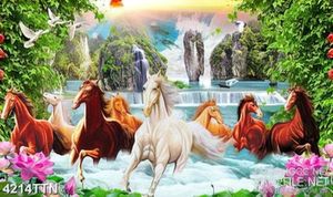 Tranh sơn thủy hữu tình treo tường đàn ngựa phi nhanh trên sông