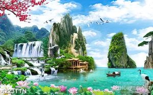 Tranh phong thủy thác nước những ngôi nhà trên sông treo tường