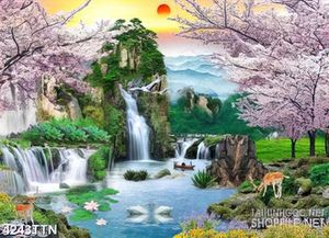 Tranh sơn thủy hữu tình in canvas những hàng hoa anh đào nở
