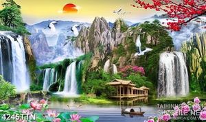Tranh phong thủy thác nước dán tường đàn cò trắng bên mặt trời