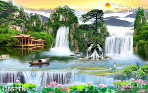 Tranh sơn thủy hữu tình in 3d ngôi nhà và người lái đò trên hồ