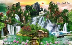 Tranh thiên nhiên giao hòa in uv những dãy núi cao sau hồ nước