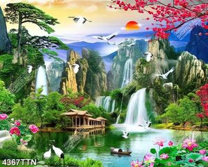 Tranh phong thủy ngôi nhà gỗ bên thác nước file PSD