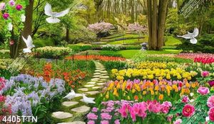 Tranh con đường nhỏ trong vườn hoa và chim chất lượng cao